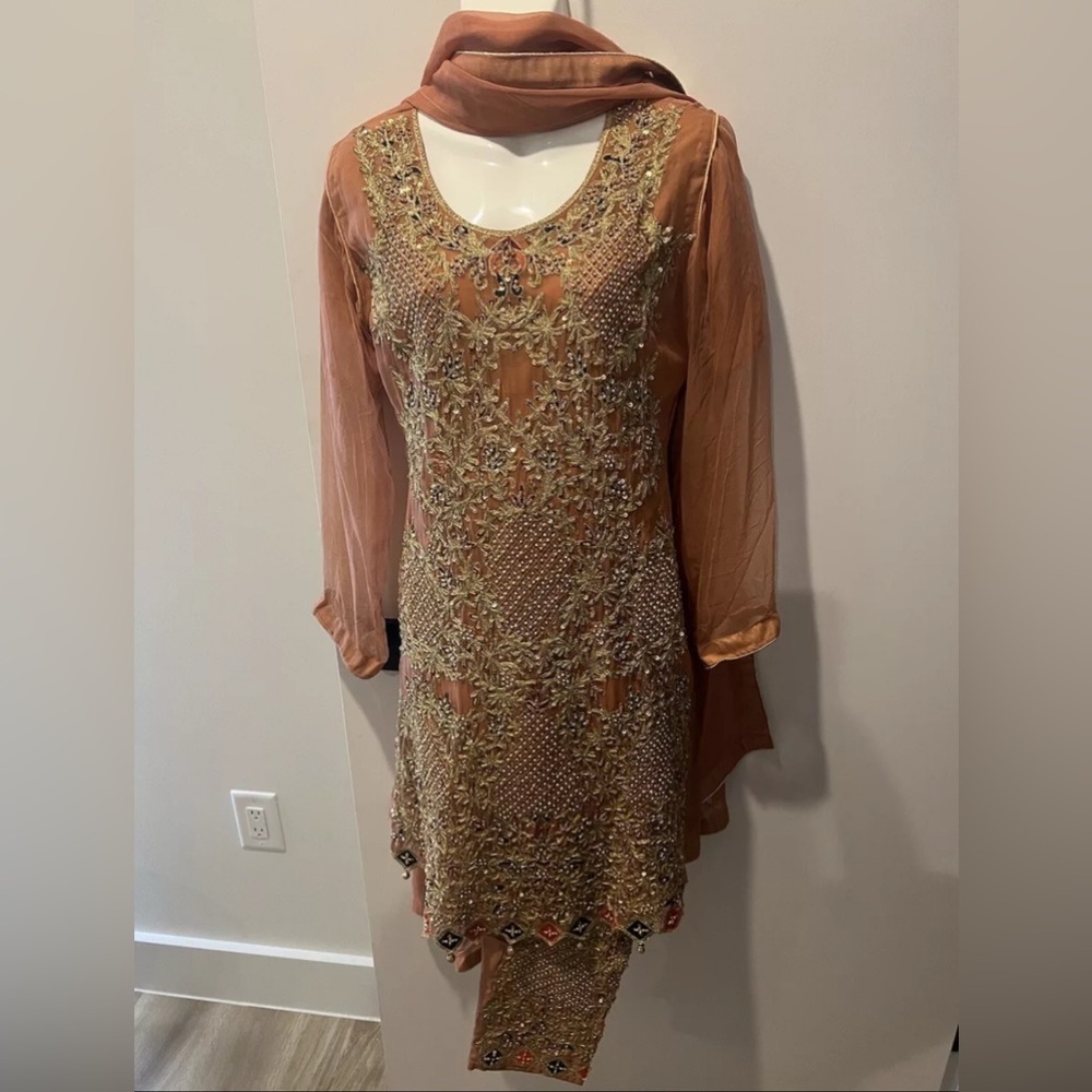 Elegant Gold Embroidered Dress Pakistani/Indian/Bengali